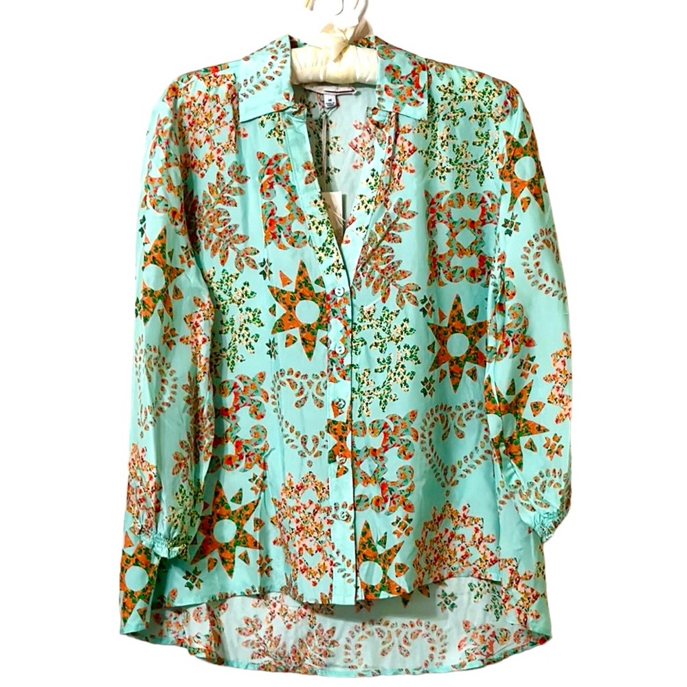 Johnny Was Silk Corbetta Relaxed Smocked Shirt Size XS